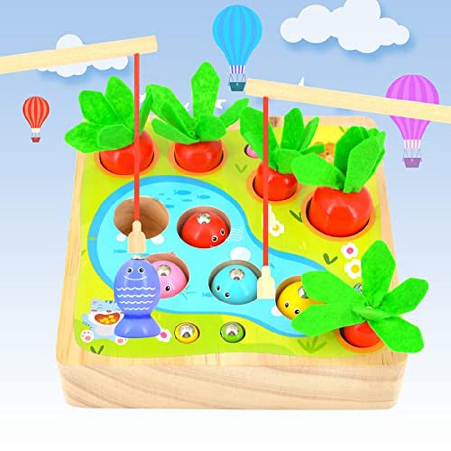 Magnetische Fischerei Spiel Holzspielzeug: 3 in 1 hölzerne Karotte Ernte Form Sortierspiel