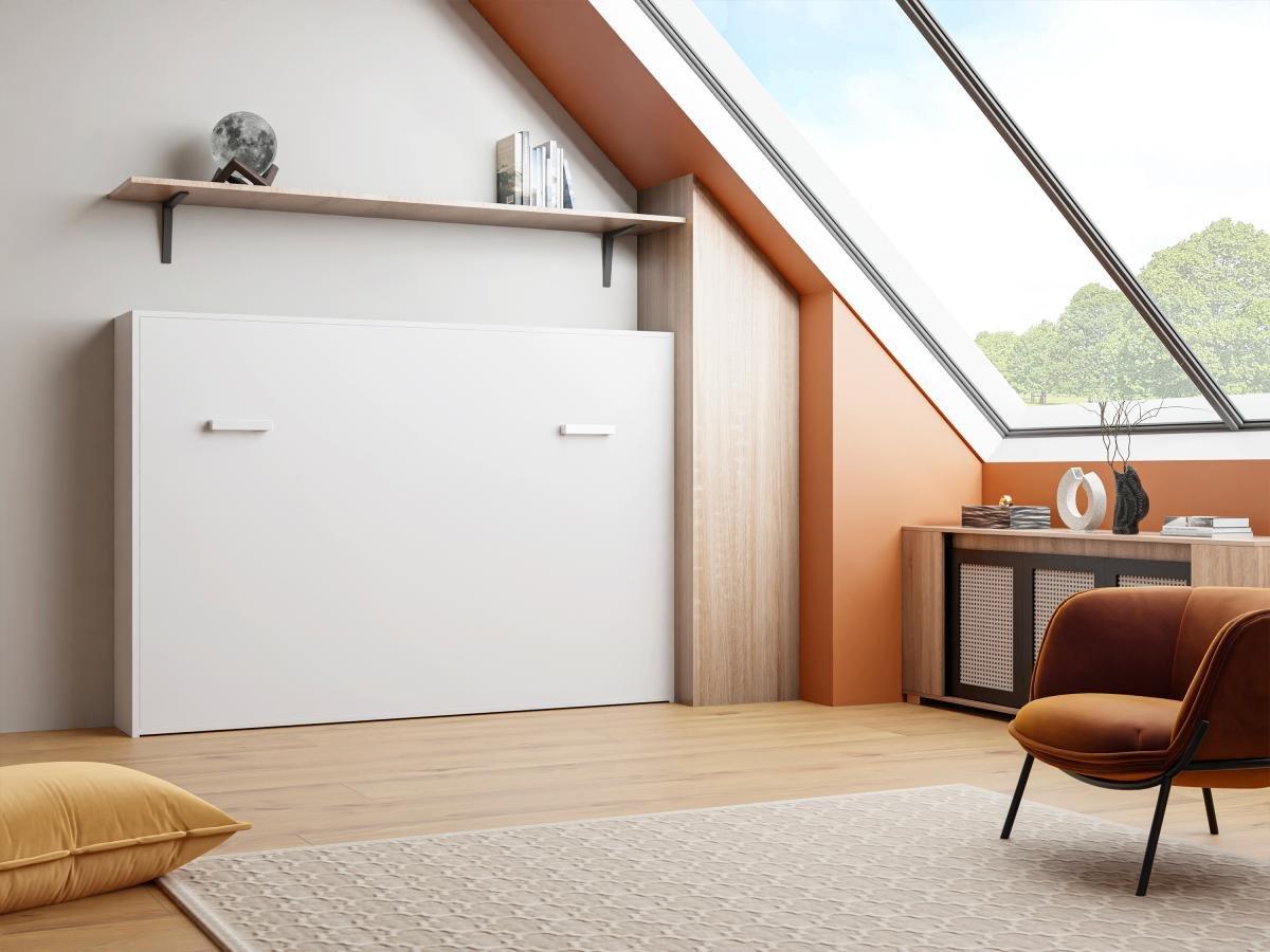 Vente-unique Schrankbett 140 x 200 cm + Matratze - Manuelle horizontale Öffnung - Weiß - MALINA II  