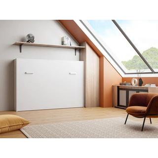 Vente-unique Schrankbett 140 x 200 cm + Matratze - Manuelle horizontale Öffnung - Weiß - MALINA II  