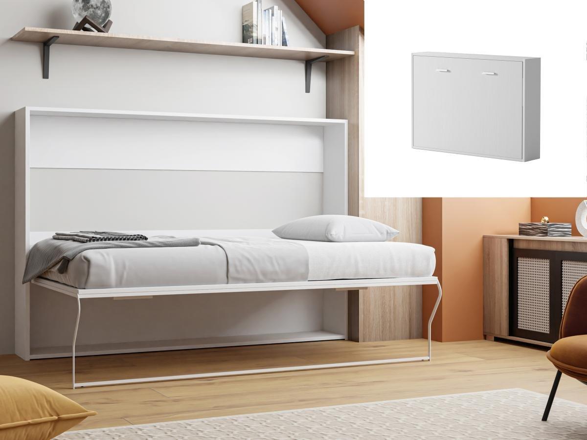 Vente-unique Schrankbett 140 x 200 cm + Matratze - Manuelle horizontale Öffnung - Weiß - MALINA II  