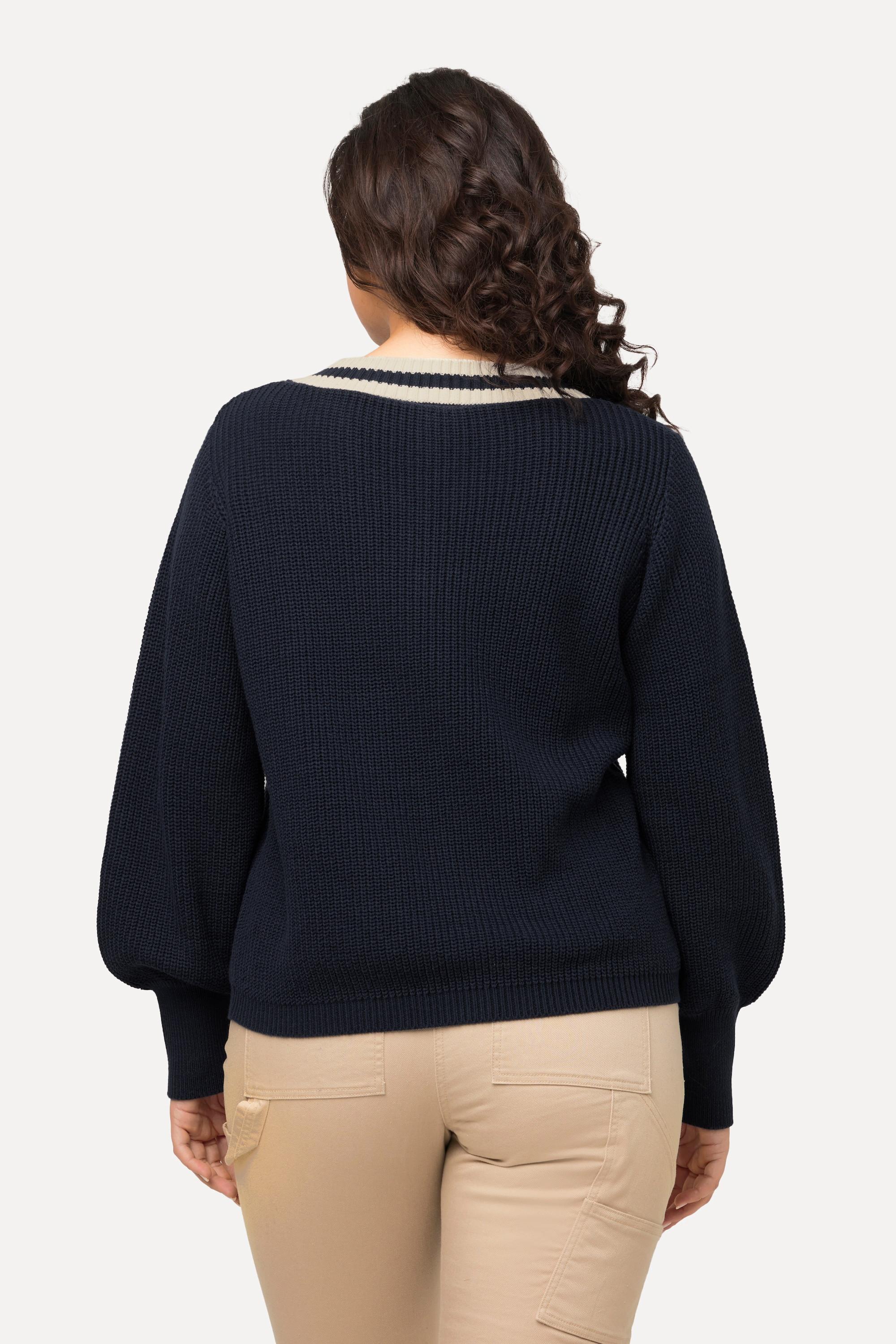 Ulla Popken  Pullover, Zopfmuster, Streifen-V-Ausschnitt, Langarm 