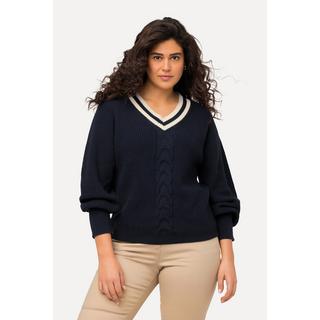 Ulla Popken  Pullover, Zopfmuster, Streifen-V-Ausschnitt, Langarm 