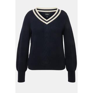 Ulla Popken  Pullover, Zopfmuster, Streifen-V-Ausschnitt, Langarm 