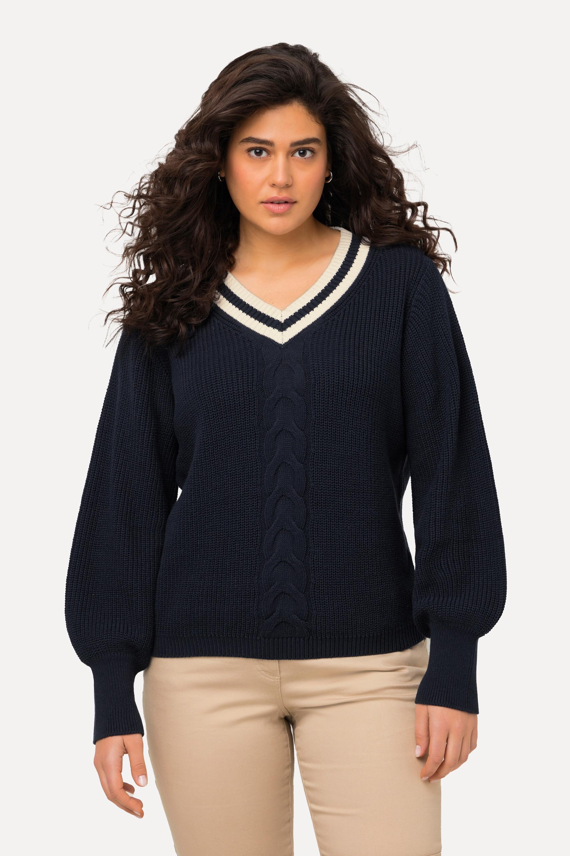 Ulla Popken  Pullover, Zopfmuster, Streifen-V-Ausschnitt, Langarm 