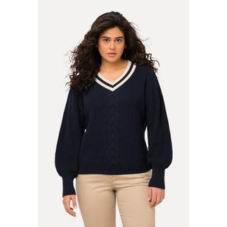 Ulla Popken  Pullover, Zopfmuster, Streifen-V-Ausschnitt, Langarm 