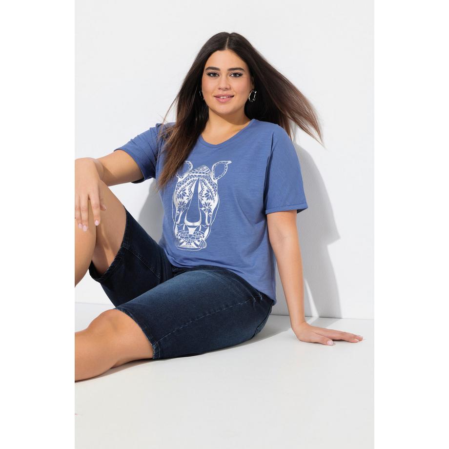 Ulla Popken Oversized Tiermotiv Halbarm V-Ausschnitt T-Shirt  