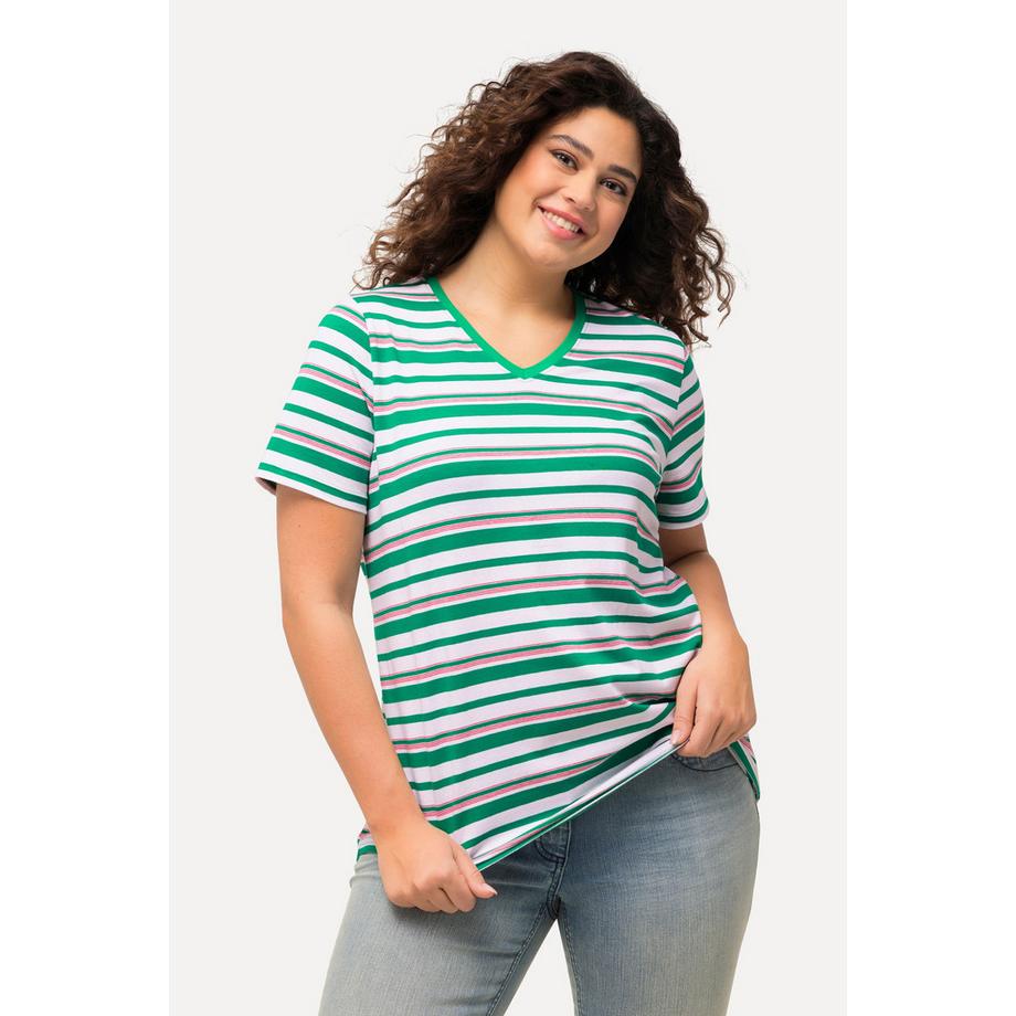 Ulla Popken T-shirt Classic Rayures Col V Manches Courtes  