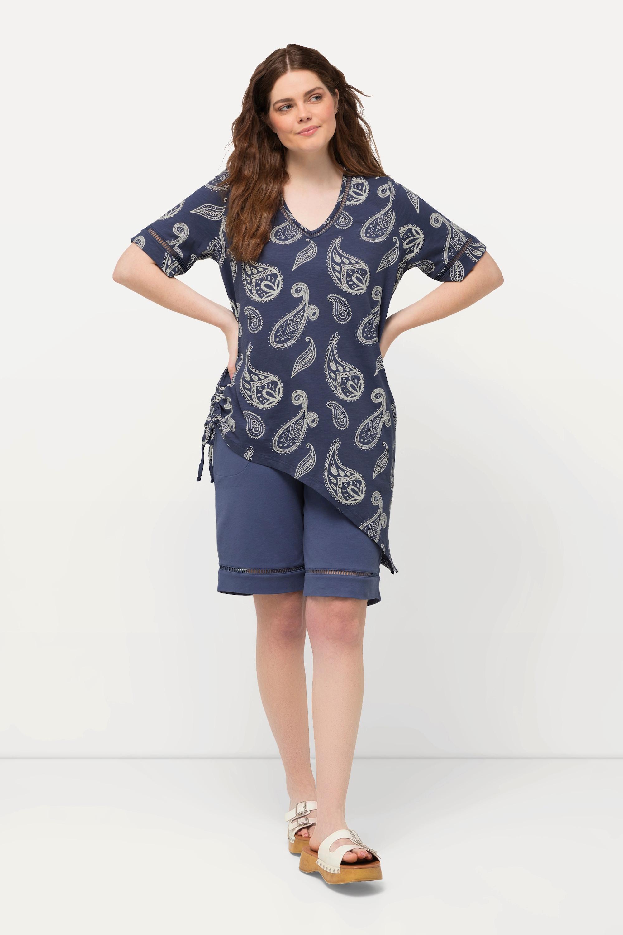 Ulla Popken  Longshirt, Paisley, V-Ausschnitt, Halbarm, Biobaumwolle 