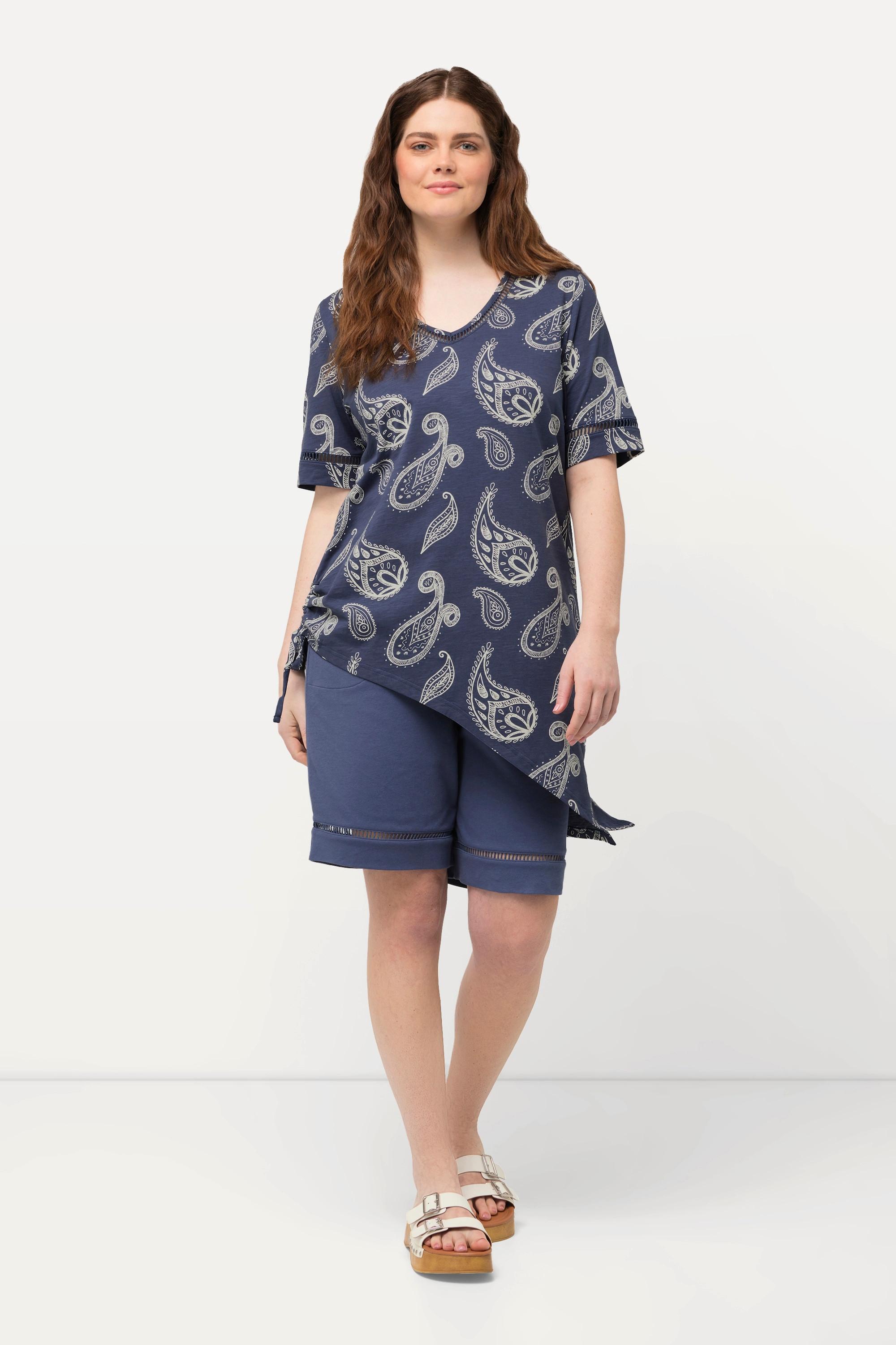 Ulla Popken  Longshirt, Paisley, V-Ausschnitt, Halbarm, Biobaumwolle 