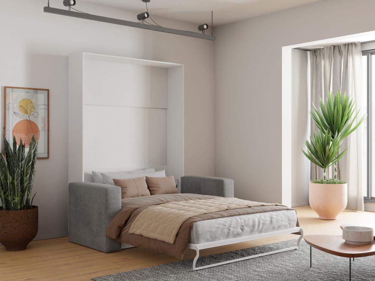 Vente-unique Ausziehbares Sofa 140 x 200 cm + Matratze - Manuelle vertikale Öffnung - Weiß & Grau - VACIALA II  