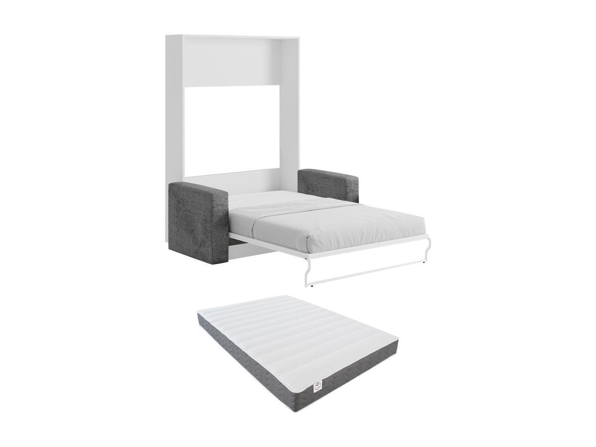 Vente-unique Letto a scomparsa con divano apertura verticale manuale 140 x 200 cm Bianco e Grigio + Materasso - VACIALA II  