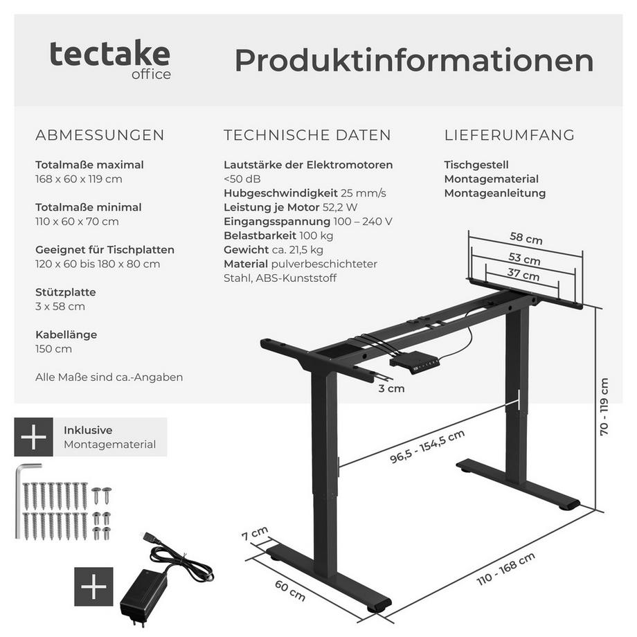 Tectake Bureau assis debout MELVILLE avec réglage électrique de la hauteur  