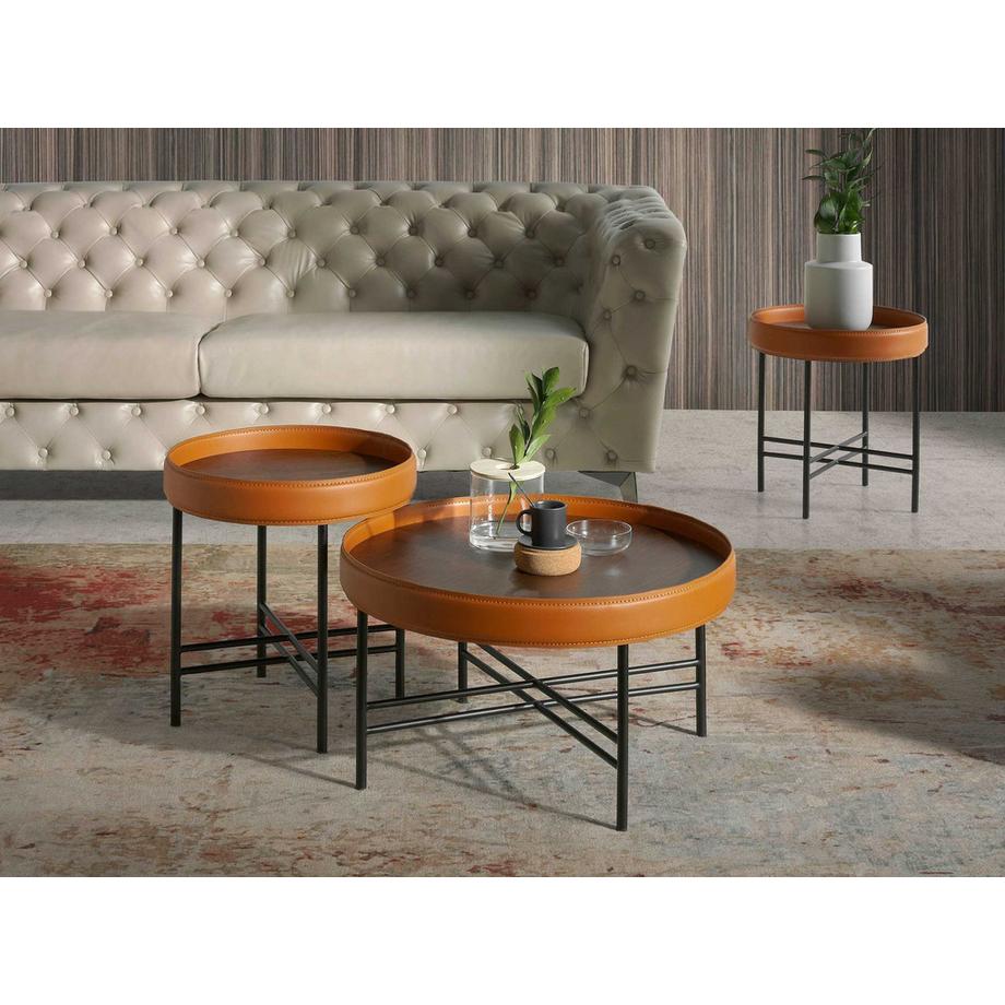ANGEL CERDA Runder Couchtisch aus Kunstleder, Nussbaum undem Stahl  