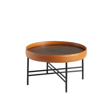 Tavolino rotondo in legno di noce rivestito in pelle e acciaio nero