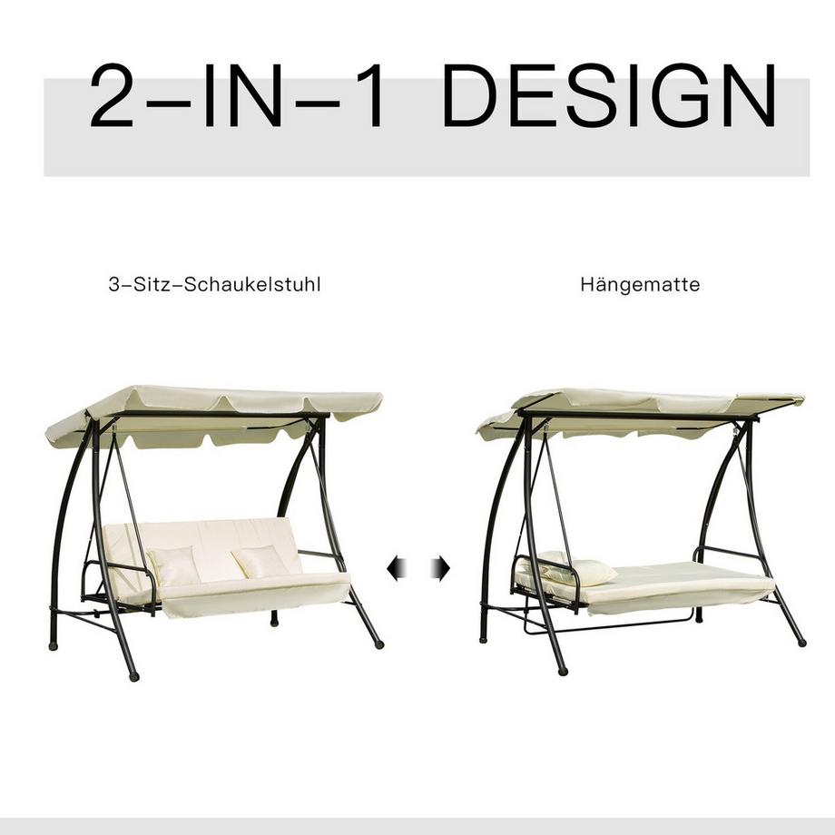 Northio Hollywoodschaukel Gartenschaukel Schaukel Schaukelbank Mit Liege-Funktion, 3 Sitzer, Metall+Polyester, Weiß, 200 X 125 X 170 Cm  