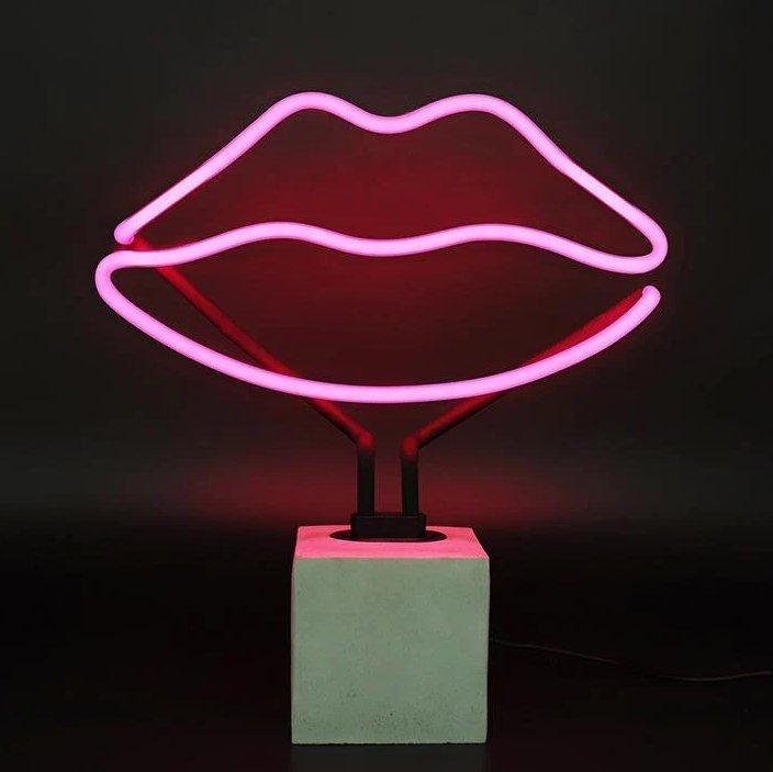 Locomocean Glas Neon Tischlampe mit Betonsockel - Lippen  