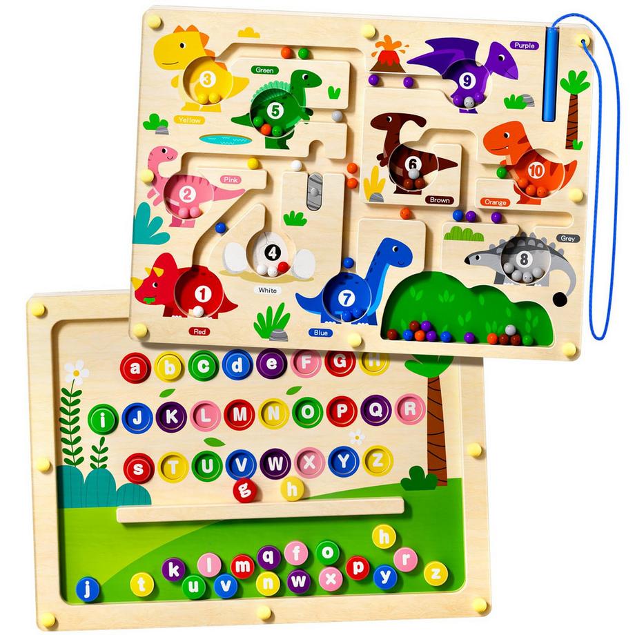 Activity-board  2-in-1-Magnet-Labyrinth-Spiel für Vorschulkinder pädagogische doppelseitige Holztafel magnetische Farbe und Zahl Labyrinth Magnet 