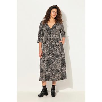 Maxi abito in jersey dal look animalier con taglio svasato, scollo a V e maniche a 3/4