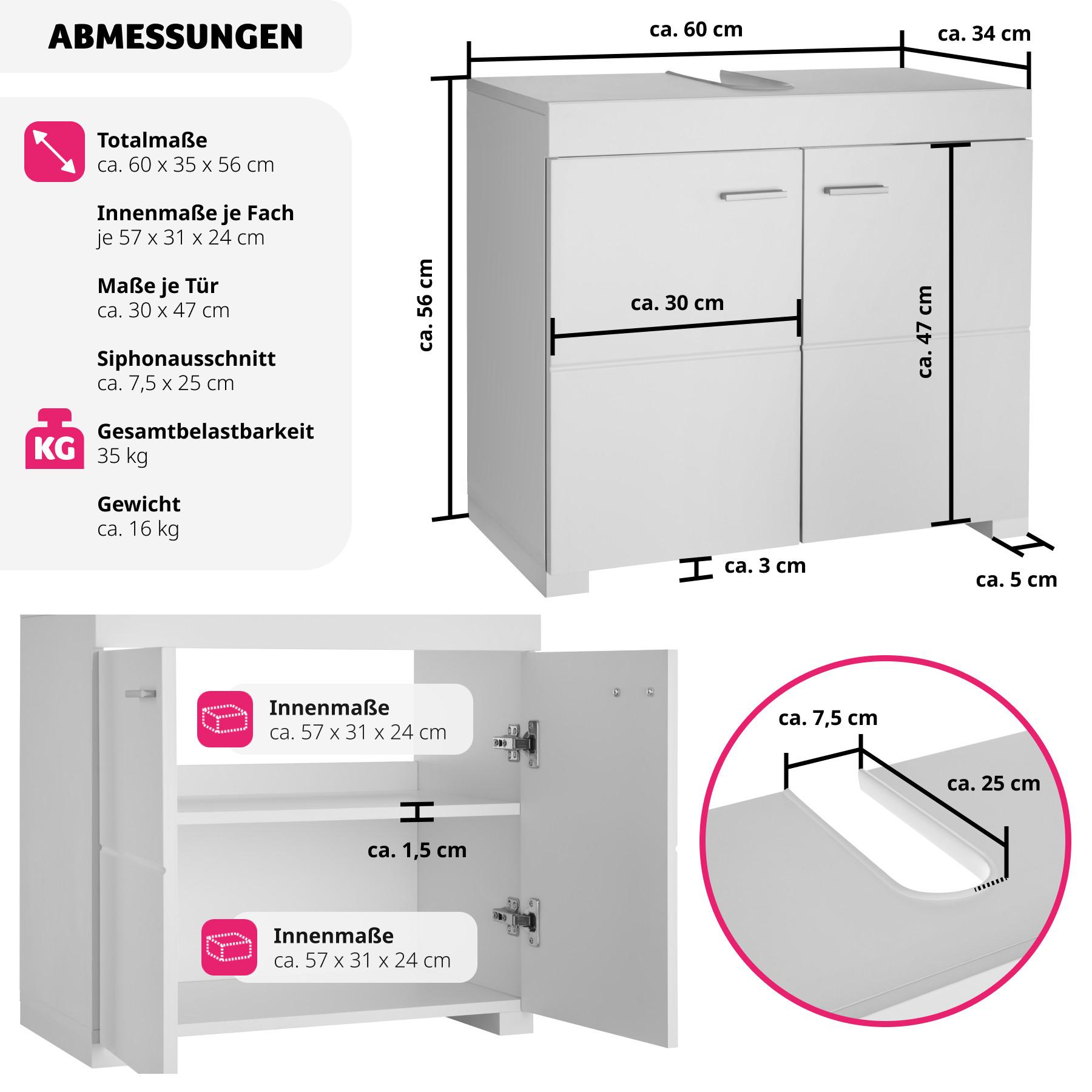 Tectake Waschbeckenunterschrank Idris, 2 Fächer, Belastbarkeit 35 kg  