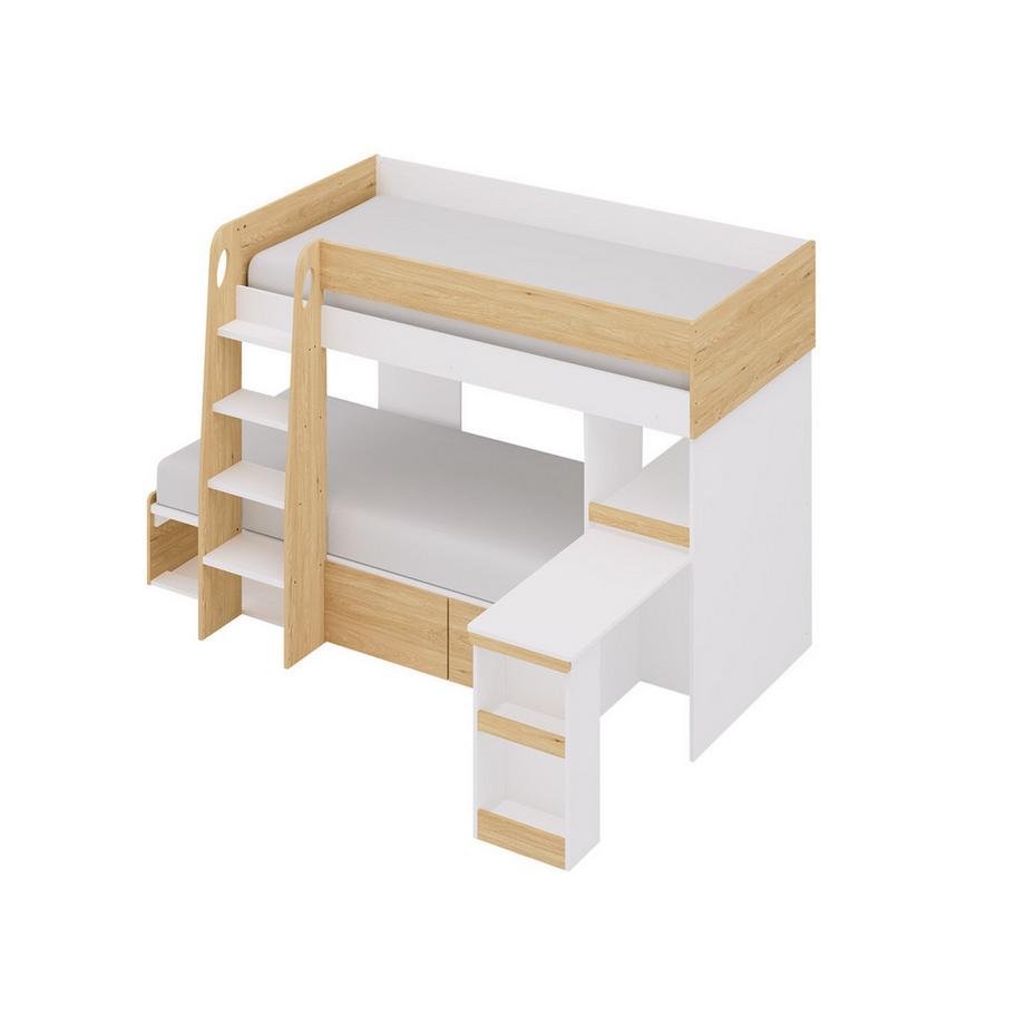 Vente-unique Lits superposés 2 x 90 x 190 cm avec bureau et rangements - Coloris : Naturel et blanc - LOMIDEN  