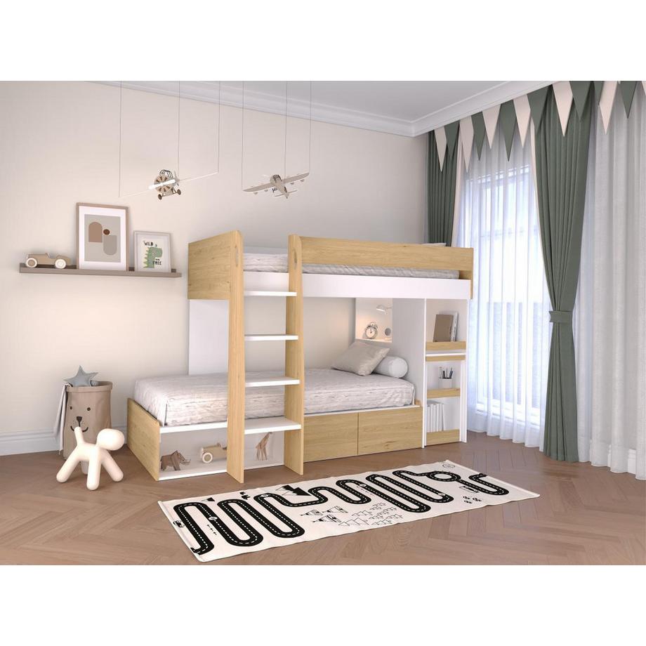 Vente-unique Lits superposés 2 x 90 x 190 cm avec bureau et rangements - Coloris : Naturel et blanc - LOMIDEN  