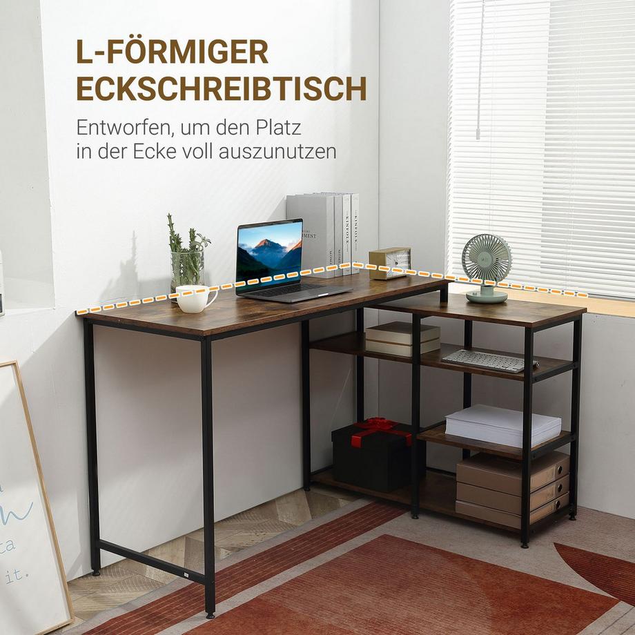 Northio Eckschreibtisch, L-Form Pc-Tisch Mit Regal Und Schublade, Bürotisch, Spanplatte Metall, Rustikales Braun, 135X90X79Cm  