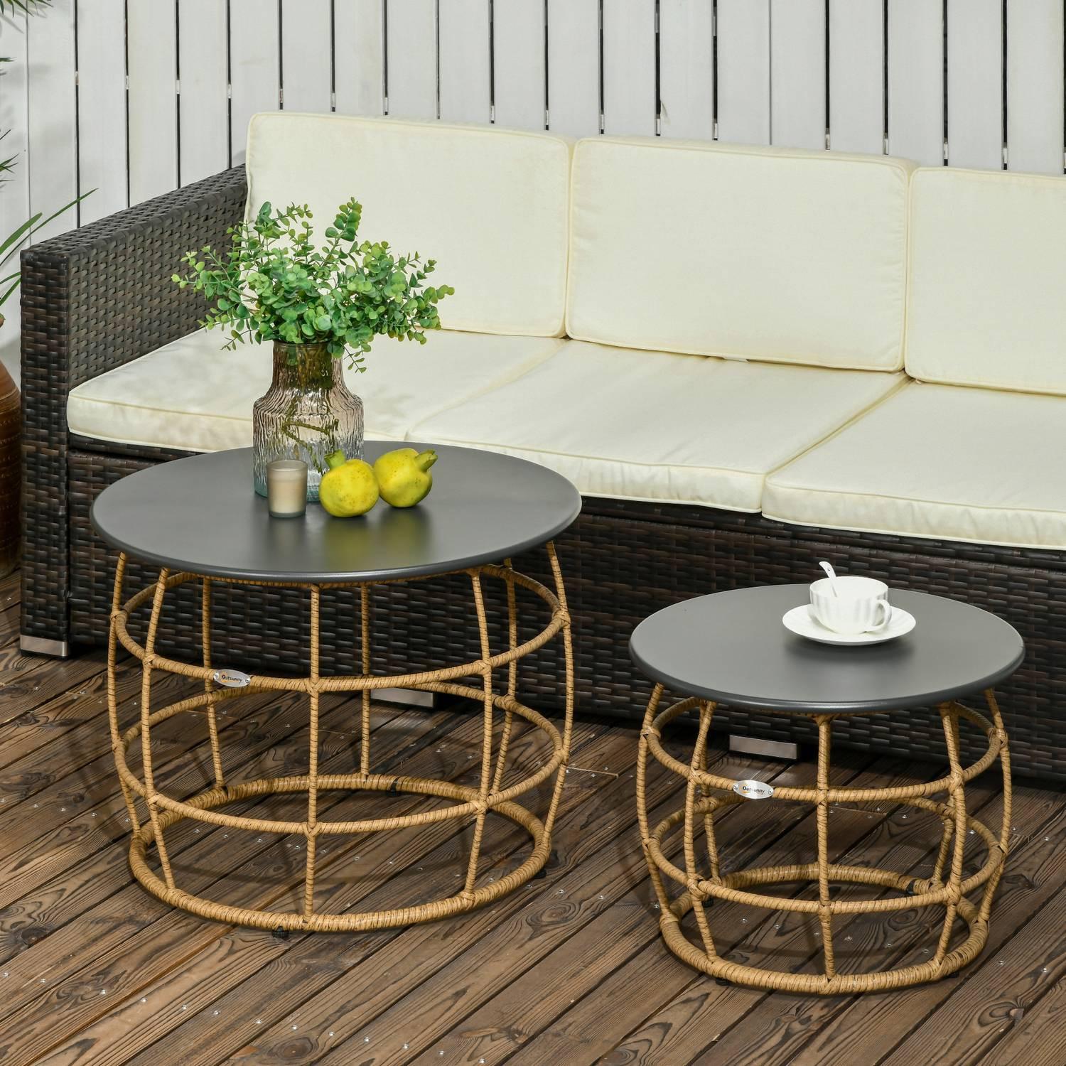 Northio Beistelltisch Sofatisch Kaffeetisch 2Er-Set Handgeflochten Mit Tischplatte Für Garten, Balkon, Ø46+Ø60 Cm, Sand  