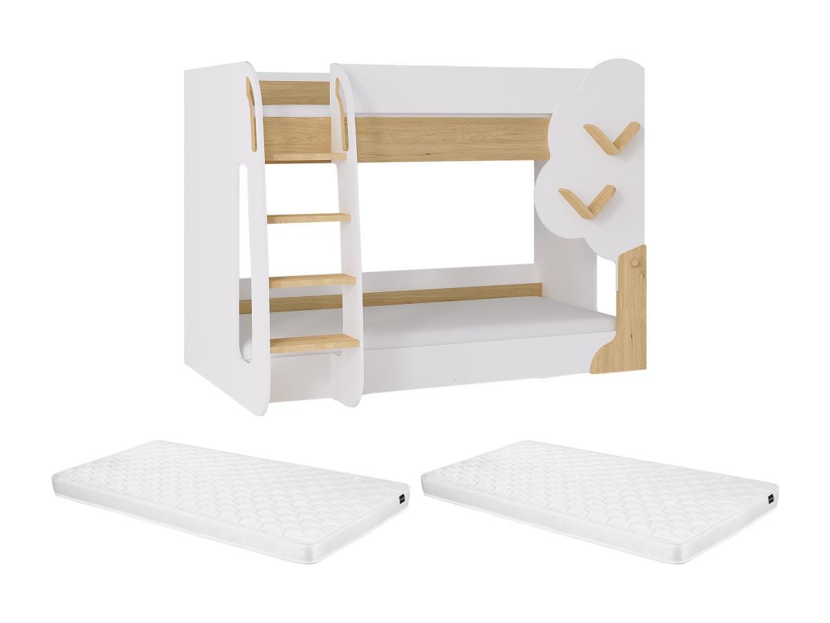 Vente-unique Etagenbett - 2 x 90 x 190 cm - Weiß & Holzfarben + Matratze - PILATI  