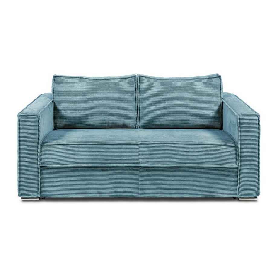 Vente-unique Canapé 3 places convertible express en velours côtelé bleu turquoise - Couchage à lattes larges 140 cm - Matelas 18 cm LORETO  