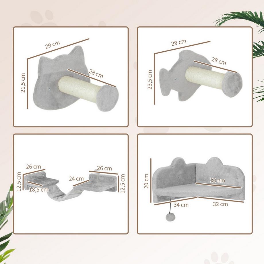 Northio  Katzen Kletterwand Set, 4-teilig Katzenmöbel mit Stufen, Leiter, Sprungtürmen, Kratzbäumen, Spielball, Sisal, für Katzen bis 5 kg, Hellgrau 