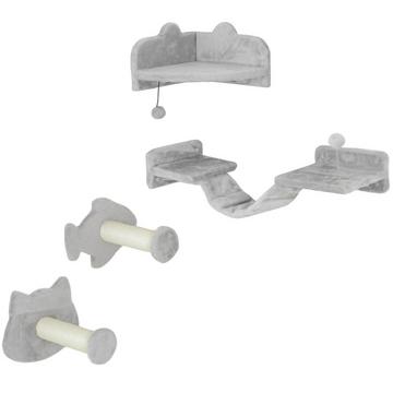 Katzen Kletterwand Set, 4-teilig Katzenmöbel mit Stufen, Leiter, Sprungtürmen, Kratzbäumen, Spielball, Sisal, für Katzen bis 5 kg, Hellgrau