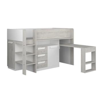 Lit combiné 90 x 200 cm - Avec bureau et rangements - Blanc et naturel - LOUKALA