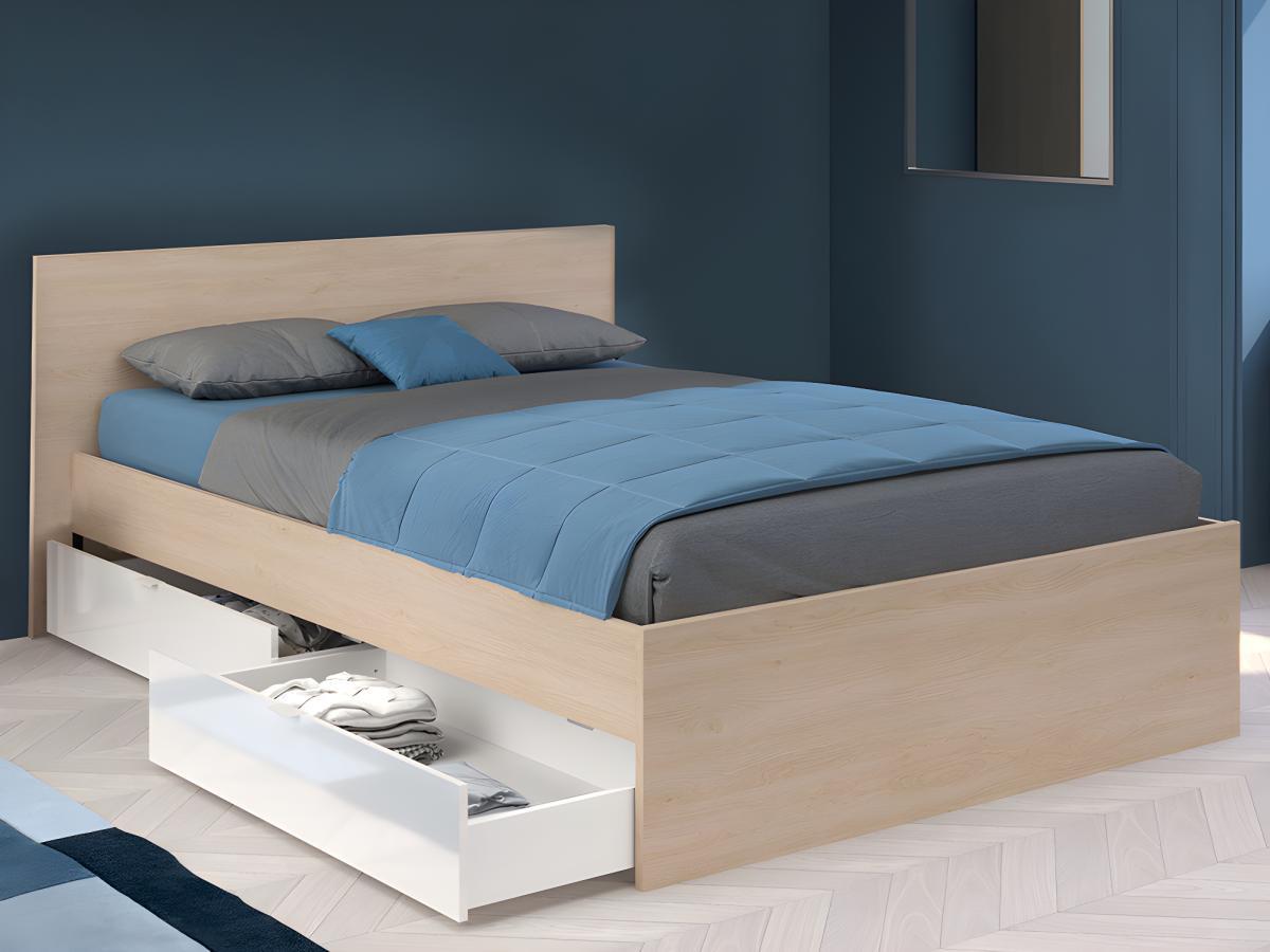 Vente-unique Bett mit 2 Schubladen - 140 x 190 cm - Holzfarben & glänzend - VELONA  