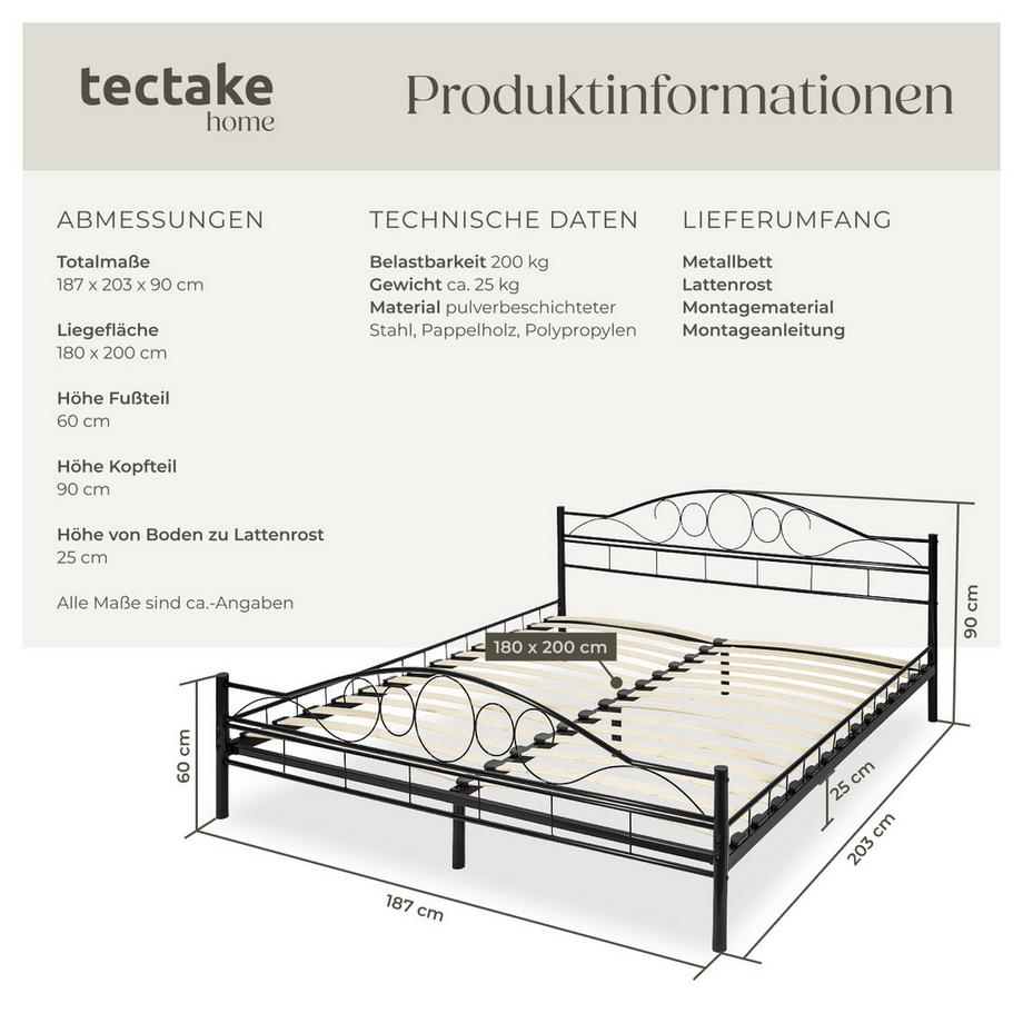 Tectake Metallbett Sonno robustes Stahlgestell mit Holzlattenrost  