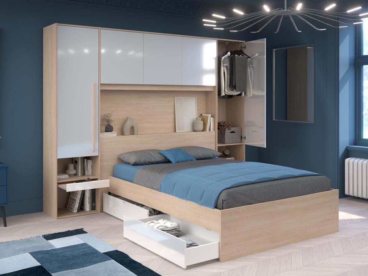 Vente-unique Bett mit Stauraum 140 x 190 cm mit LED-Beleuchtung + Lattenrost - Holzfarben & glänzend - VELONA  