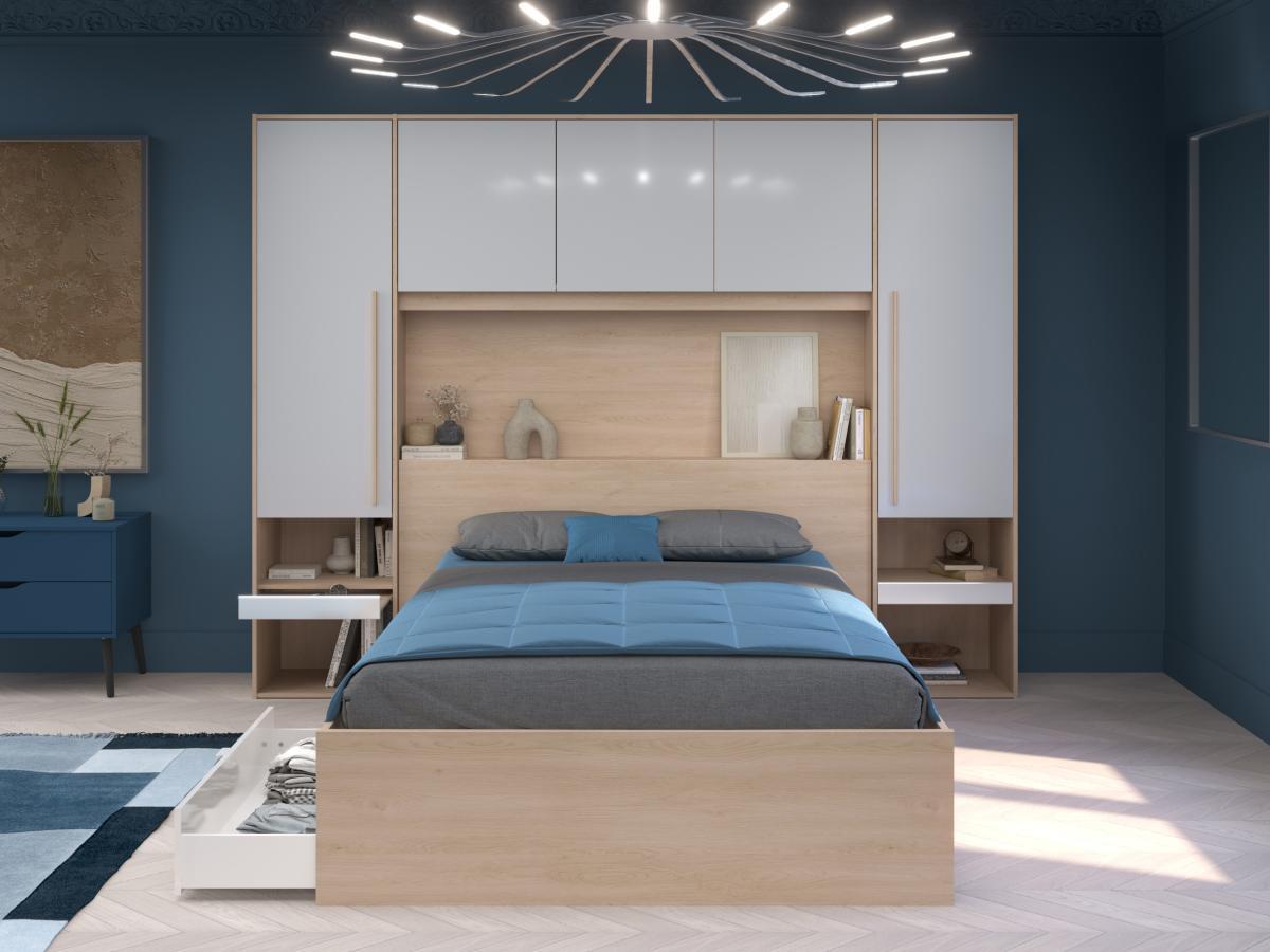 Vente-unique Bett mit Stauraum 140 x 190 cm mit LED-Beleuchtung + Lattenrost - Holzfarben & glänzend - VELONA  