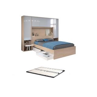 Vente-unique Letto con LED e vani portaoggetti 140 x 190 cm Naturale e Bianco lucido + Rete - VELONA  