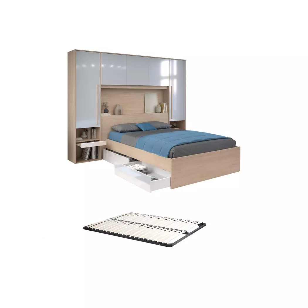 Vente-unique - Lit pont 140 x 190 cm avec rangements - avec LEDs - Coloris : Naturel et blanc brillant + Sommier - VELONA, 140X190CM, Beige