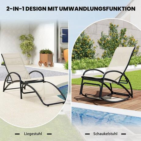 Northix Lettino prendisole trasformabile 2 in 1, sedia a dondolo con schienale regolabile e braccioli curvi beige  