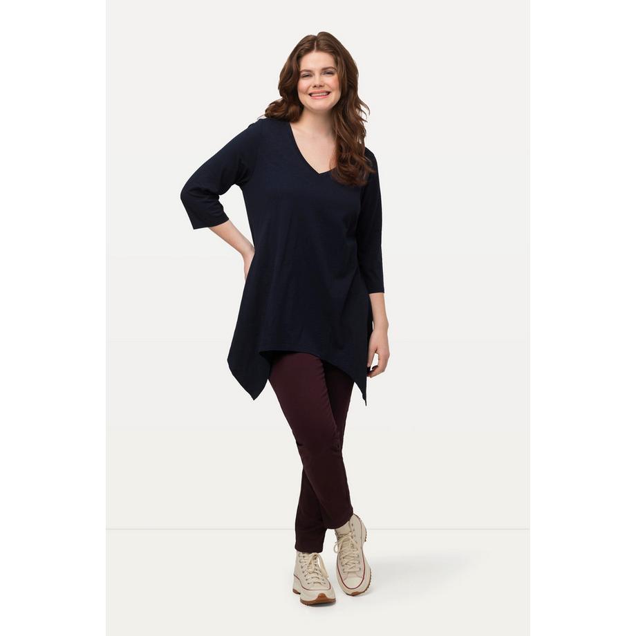 Ulla Popken T-shirt Finition en Pointe Col en V Manches 3/4 Coton Bio  