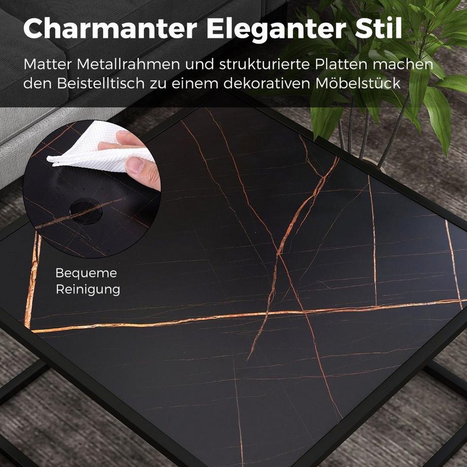 Northix Couchtisch Marmor Optik Rechteckiger Kaffeetisch mit Tischplatte aus Kunstmarmor 70 x 70 x 40 cm Schwarz  