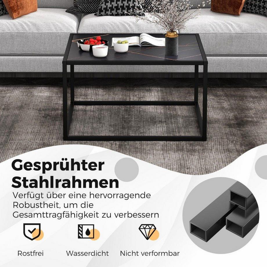 Northix Couchtisch Marmor Optik Rechteckiger Kaffeetisch mit Tischplatte aus Kunstmarmor 70 x 70 x 40 cm Schwarz  