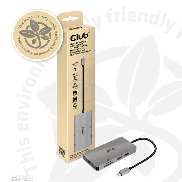 Club3D  Type-C 8-in-1 hub with 2x HDMI, 2x USB-A, RJ45, SD/ Micro SD card slots and USB Type-C female port 
