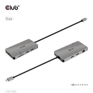 Club3D  Type-C 8-in-1 hub with 2x HDMI, 2x USB-A, RJ45, SD/ Micro SD card slots and USB Type-C female port 