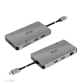 Club3D  Type-C 8-in-1 hub with 2x HDMI, 2x USB-A, RJ45, SD/ Micro SD card slots and USB Type-C female port 