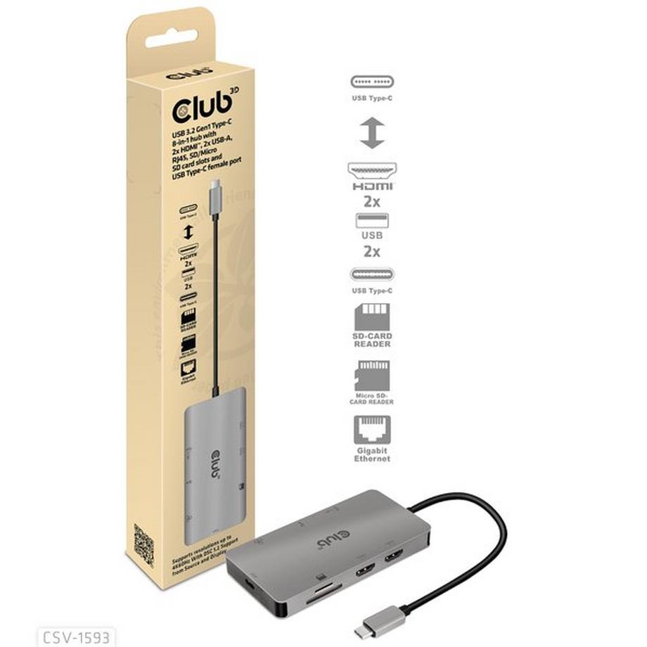 Club3D  CSV-1593 hub & concentrateur USB 3.2 Gen 1 (3.1 Gen 1) Type-C 16200 Mbit/s Métallique 