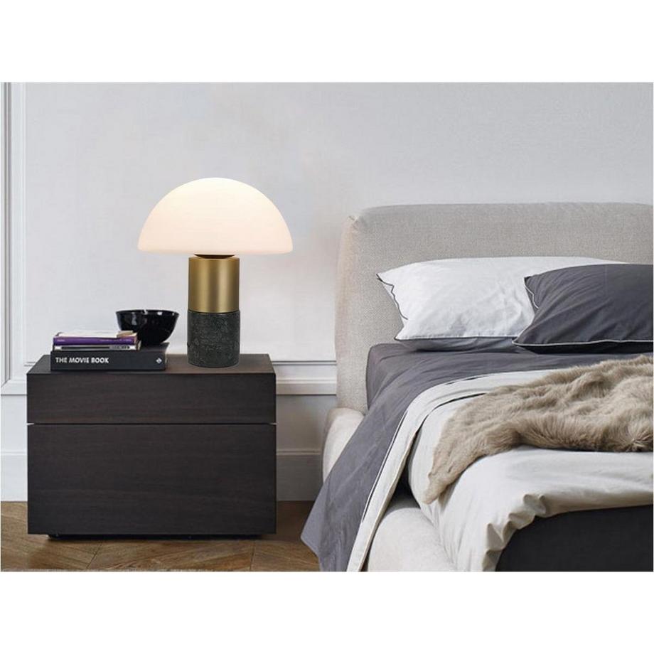 Vente-unique  Lampada da tavolo fungo D. 30 x H. 35 cm in Marmo, Metallo e Vetro Bianco e Dorato - LANGFORD 