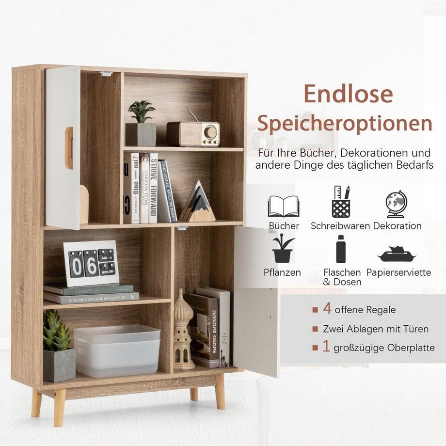 Northio Bücherregal 4-stöckig mit 2 Türen & 4 offenen Regalen  