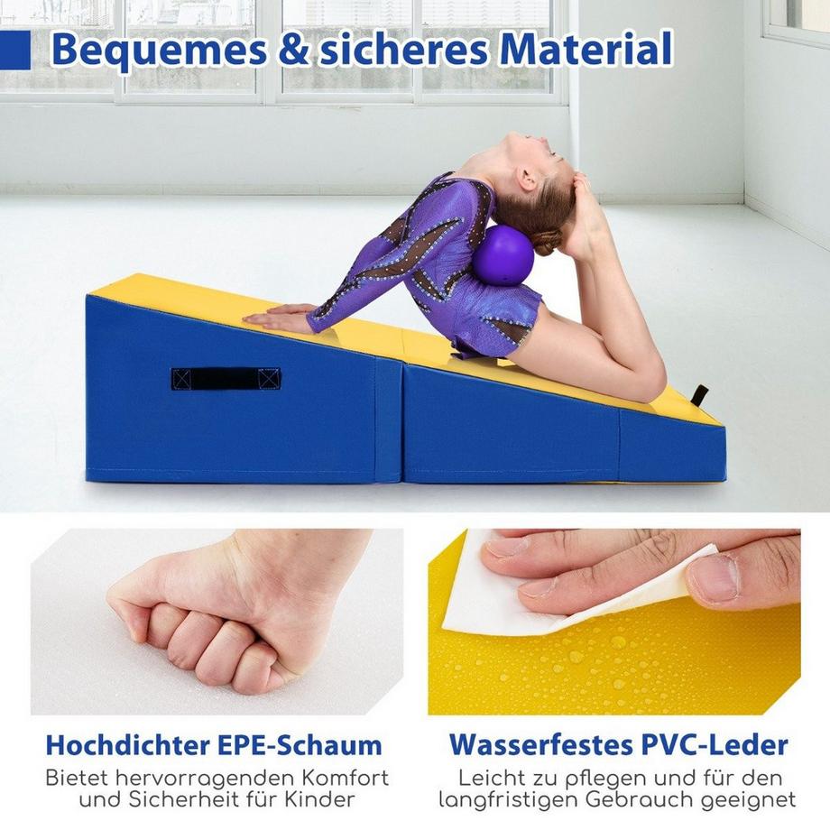 B2X  Tapis de gymnastique 2 en 1 avec poignée de transport, tapis de gymnastique incliné, tapis de sol souple en forme de coin, jaune 