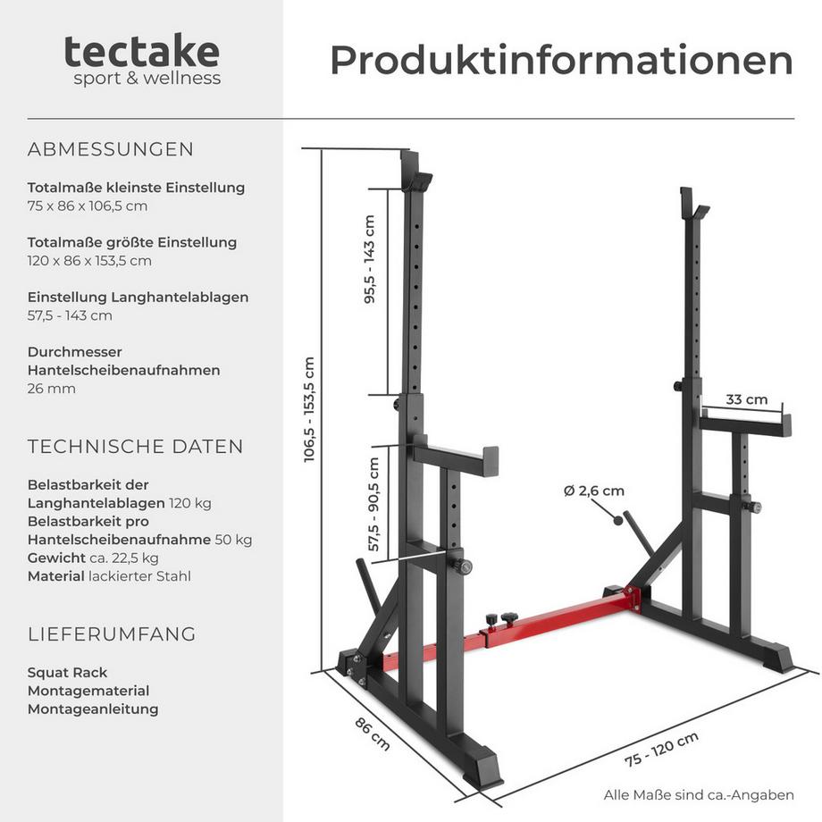 Tectake  Squat Rack Creed multifunktional mit oberer und seitlicher, breiter Ablage 